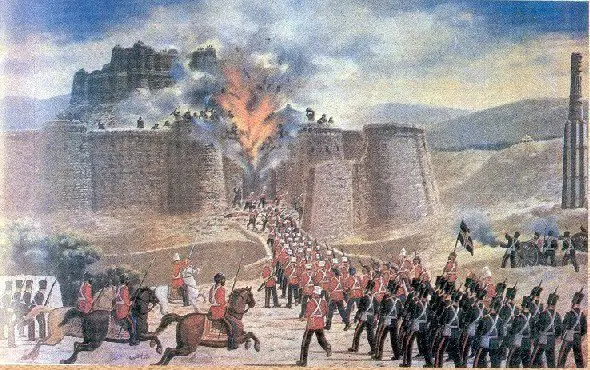 A British-Indian force attacks Ghazni fort during the First Afghan War