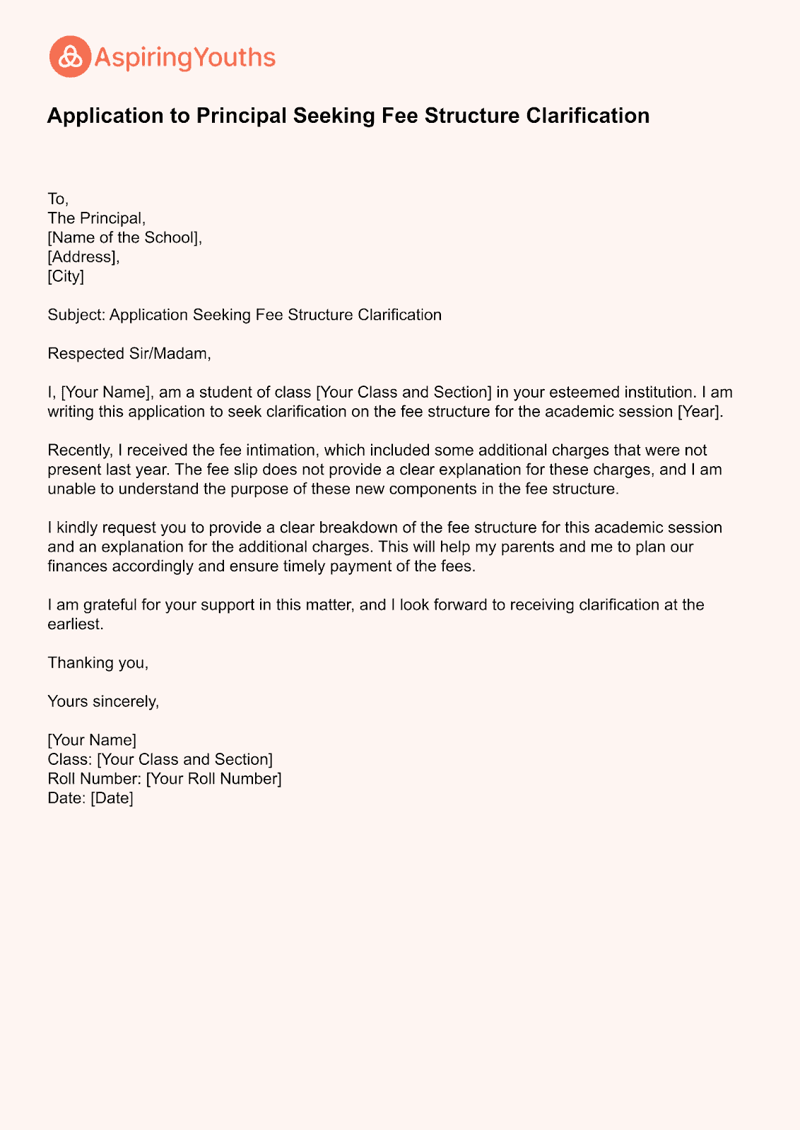 application letter for fees structure to principal
